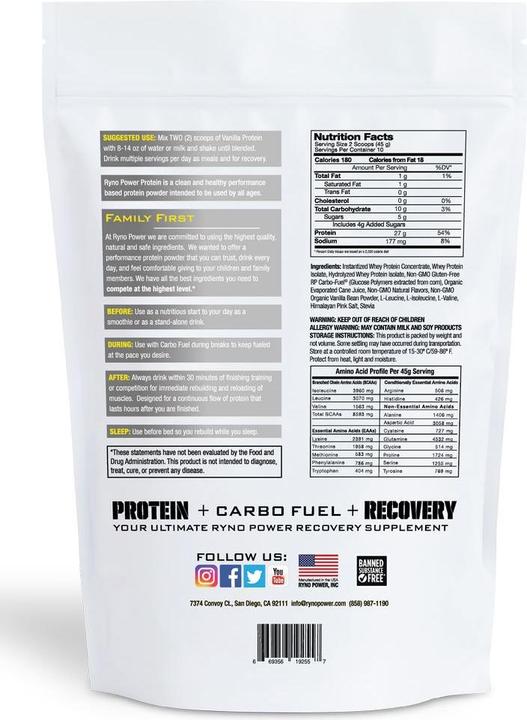 Valori nutrizionali e ingredienti Ryno Power Proteine in polvere alla vaniglia (Vaniglia, 1 pz., 454 g)