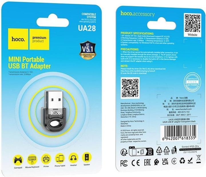 Produktbild Hoco Cable adapter USB A bluetooth UA28 transparent black (Sender & Empfänger)