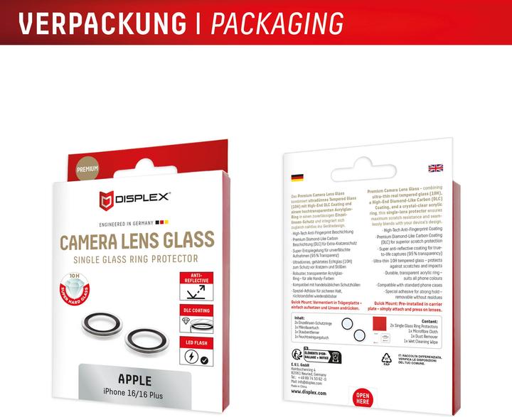 Produktbild Displex Premium Camera Lens Glass, Kamera Schutzglas, Einzelringe (1 Stück, Apple iPhone 16 Plus, Apple iPhone 16)