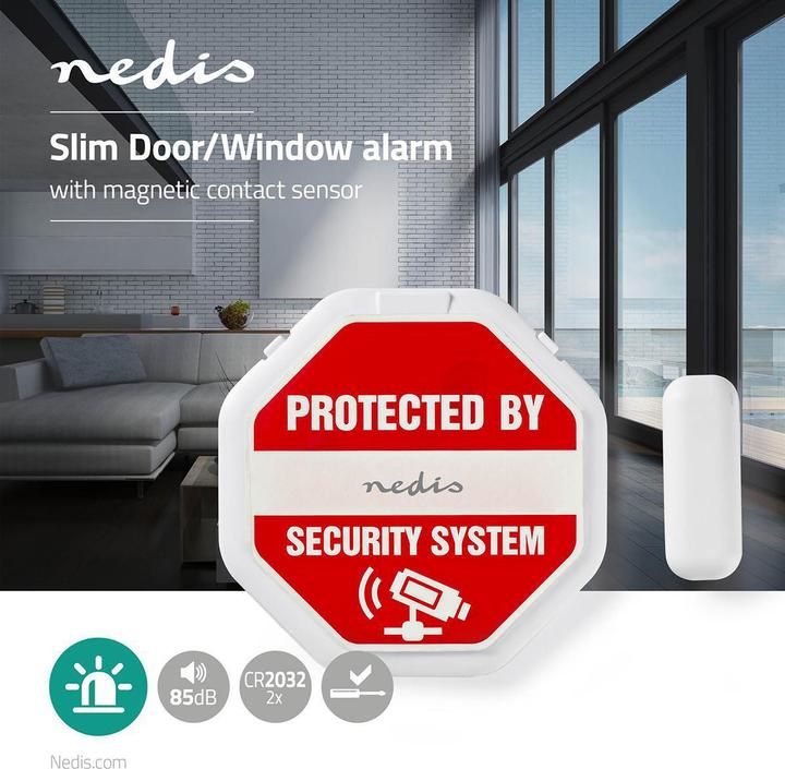 Actual product image Nedis Doorstep Window Alarm Magnetic Sensor Battery Powered 2X CR2032 85 dB White