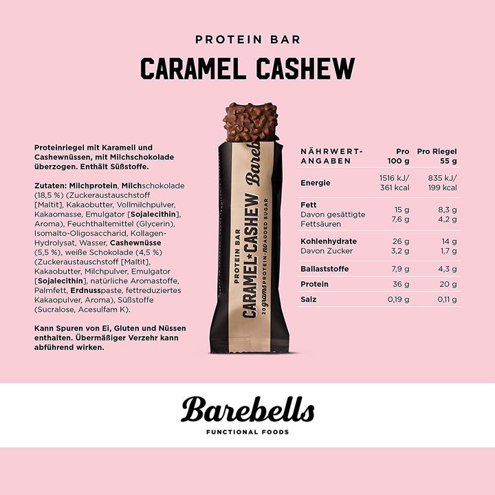 Nutritional values and ingredients Barebells Caramel Cashew Protein Bar (Caramel Cashew, 12 pcs., 660 g)