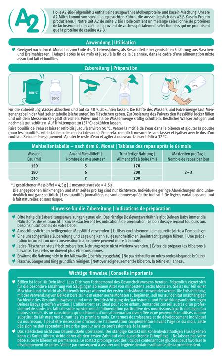Nährwerte und Zutaten Holle A2 Bio-Folgemilch 2 Karton 400 g (400 g, ab 6 Monaten)