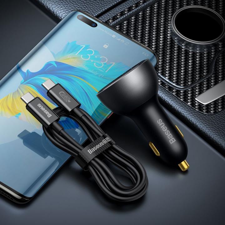 Produktbild Baseus Digital Display fast car charger USB-A / USB-C PD3.1 140W black + USB-C cable Superior