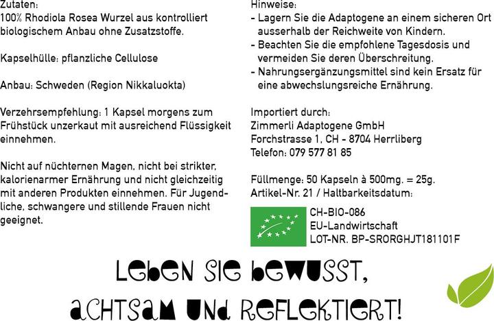 Valeurs nutritives et ingrédients Zimmerli Adaptogene Rhodiola en gélules (BIO) 50 gélules (1 pièce(s), Capsules, 25 g)