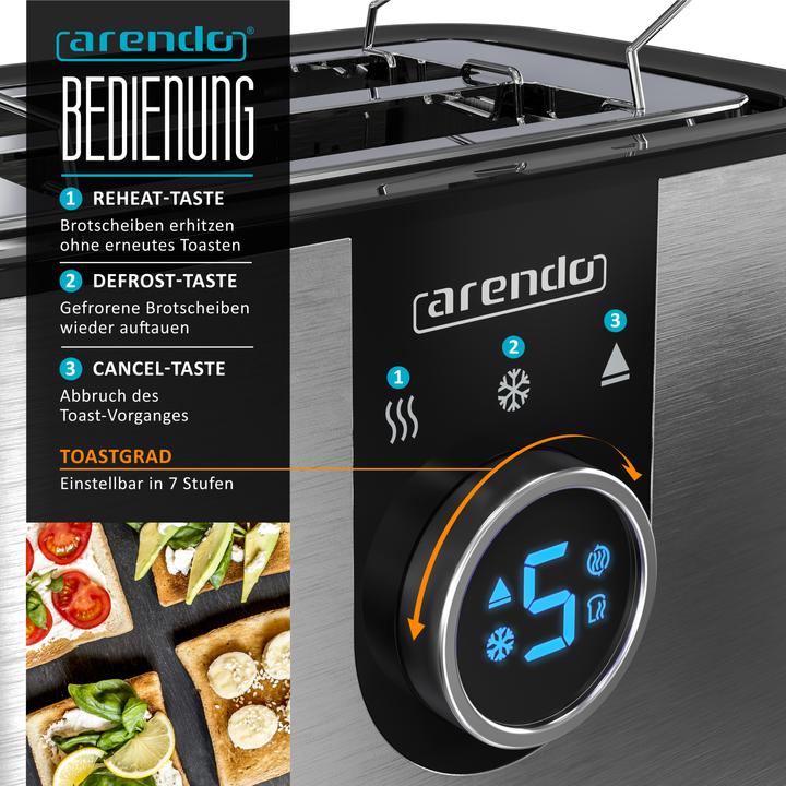 Actual product image Arendo Toaster for 2 slices 850 W, LED display, stainless steel, rotary knob, 7 browning levels, bun (EU plug)