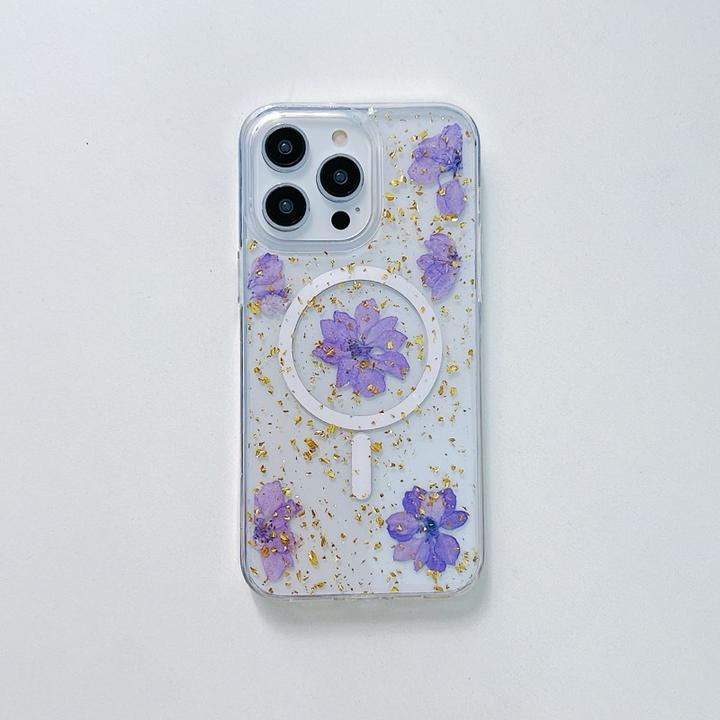 Actual product image RPD iPhone 16e - Hülle mit echten Blumen und goldenen Akzenten mit MagSafe, violett (Apple iPhone 16e)
