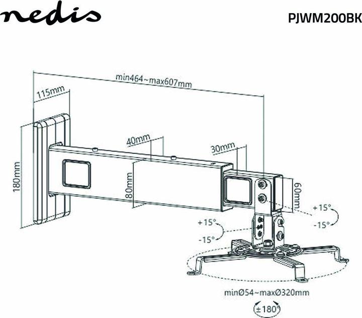 Image du produit Nedis Support de projecteur Entièrement mobile 15 kg pivotant inclinable Acier Noir Noir (Mur)