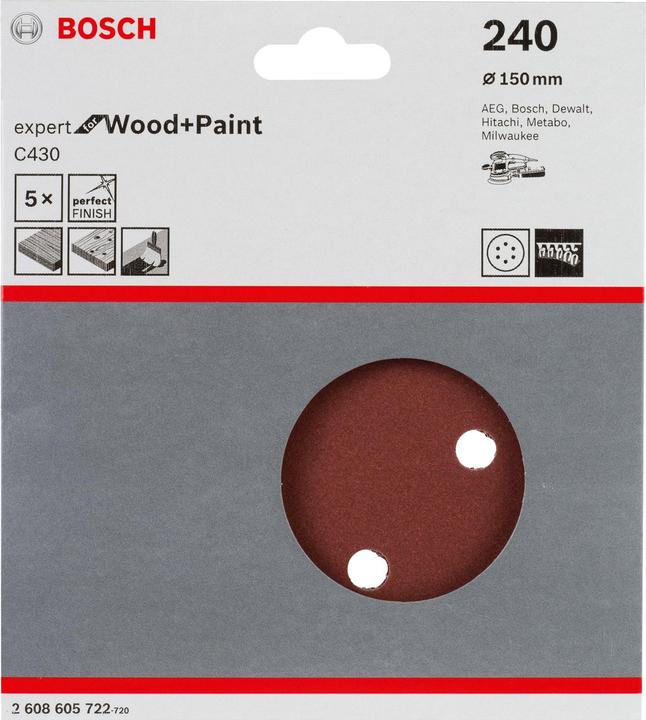 Produktbild Bosch Professional Zubehör Schleifblatt C430, 150 mm, 240, 6 Löcher, Klett, 5er-Pack (240)