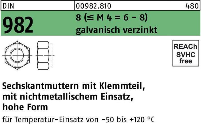 Image du produit Ecrou hexagonal DIN 982 avec pièce de serrage M 6 8 (= M 4 = 6-8) électro-galvanisé (M6)