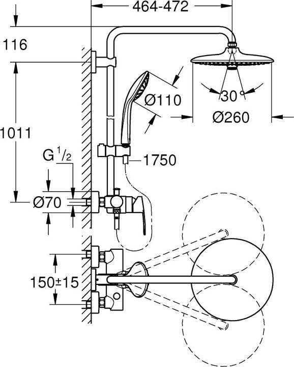Actual product image Grohe Vitalio Joy 260 Duschsystem, mit Brausearmatur, wassersparend, 3 Strahlarten, Wandmontage, Antikalk-