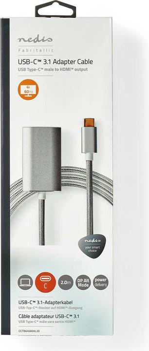 Produktbild Nedis CCTB64680AL20. Kabellänge: 2 m, Anschluss 1: HDMI Typ A (Standard), Anschluss 2: USB Typ-C. Menge p (2 m, USB Typ C, HDMI)