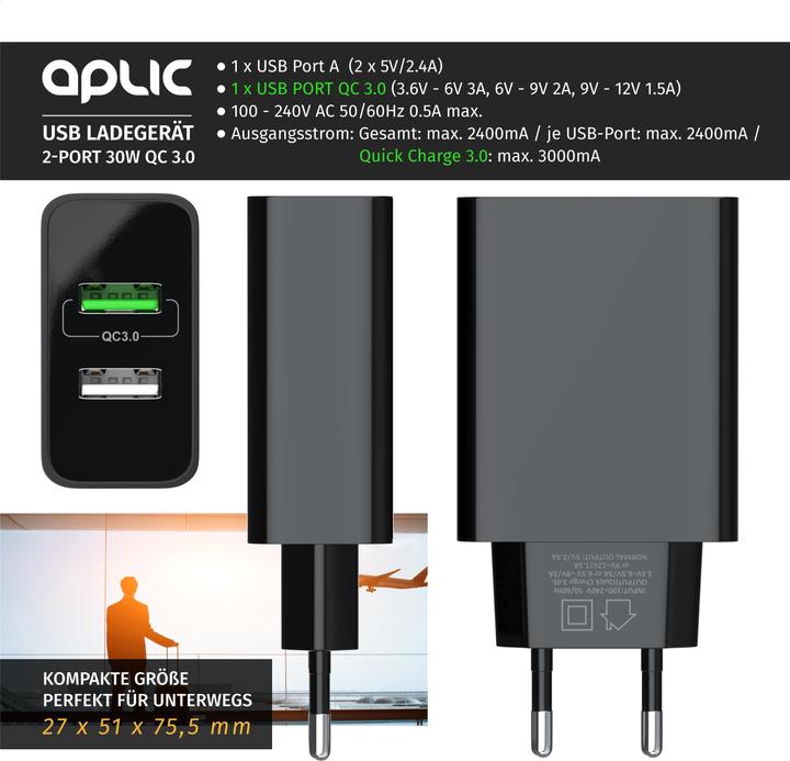 Immagine prodotto Aplic Caricatore USB 3000 mA, 2 porte, 30W, funzione di ricarica rapida Quick Charge 3.0 (QC 3.0), nero (30 W)