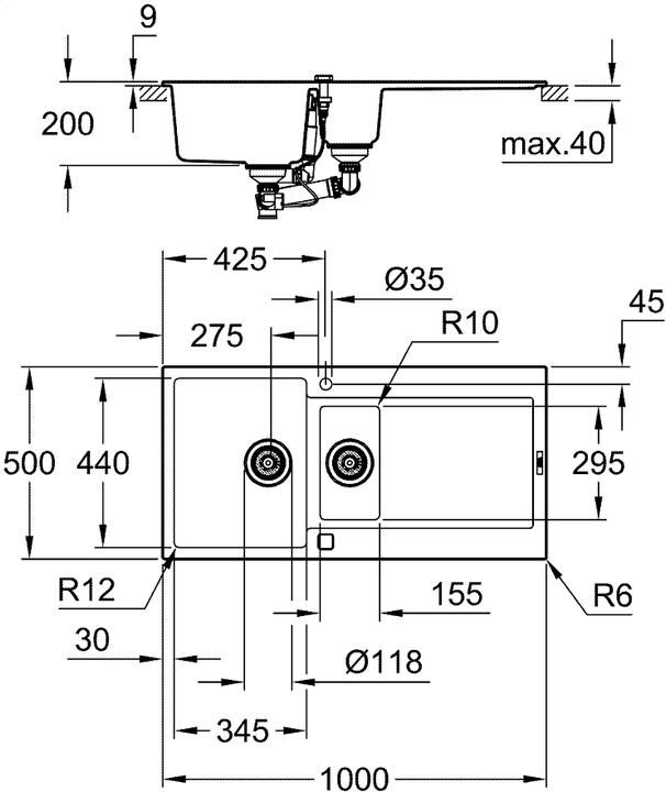 Produktbild Grohe K500 Kompositspüle mit Abtropffläche (Aufsatzspülbecken, 50 cm, 100 cm)