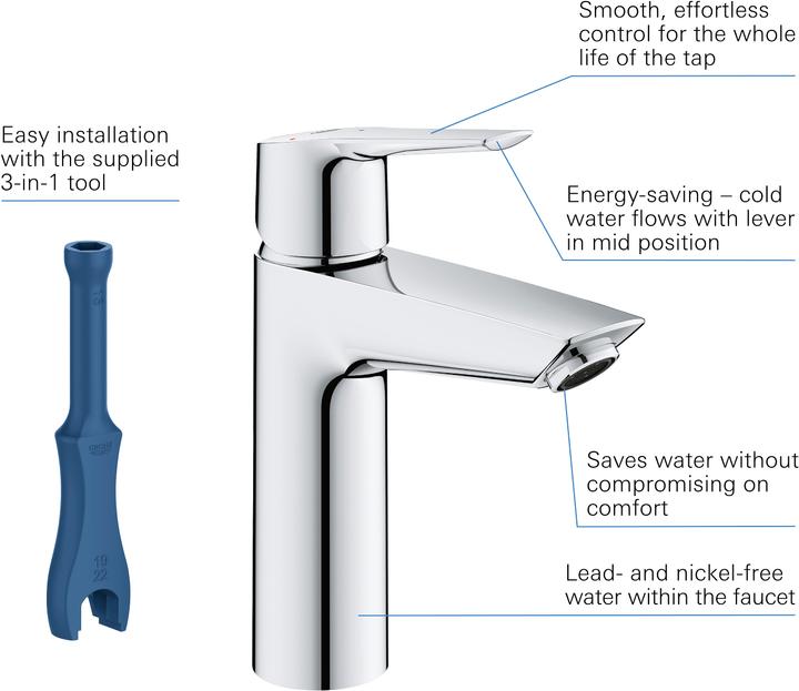 Productafbeelding Grohe Start QuickFix lavabokraan, middenstand koud, push-open afvoer, M-maat, chroom