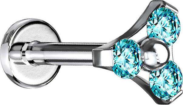 Actual product image Star Piercing Micro Labret inner thread silver triangle three crystals aqua (Surgical steel 316L, without brass)