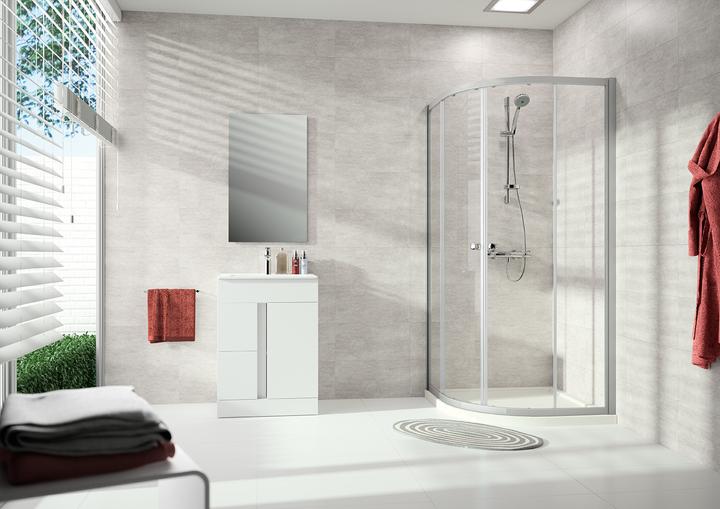 Produktbild Hüppe Alpha 2 Gleittür, 1/4-Kreis, mit zwei festen Segmenten, 800x800x1900mm, Radius 500mm, teilge (205 cm, 49 cm, 190 cm)