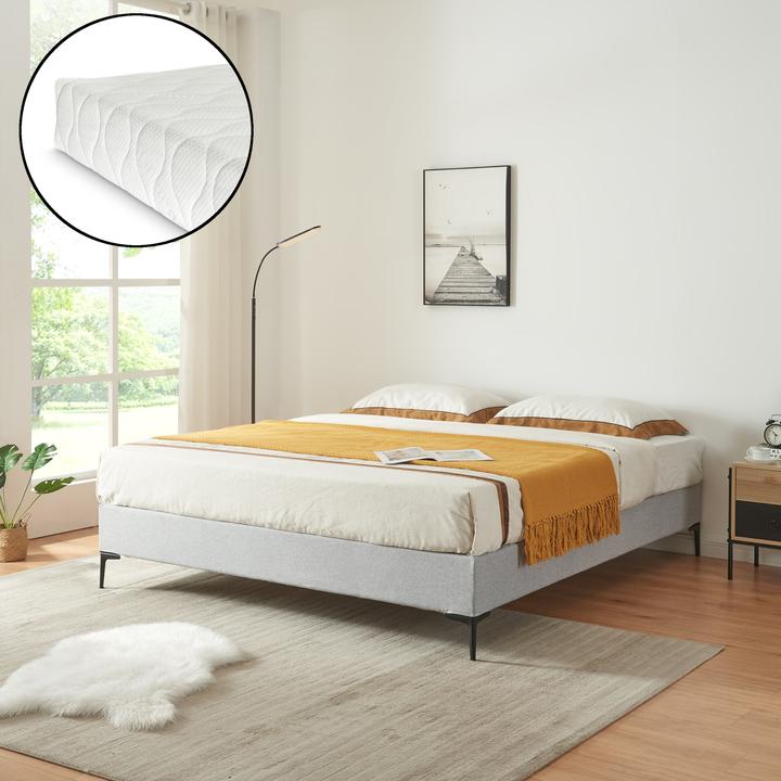 Actual product image En.Casa Double bed Lilla with mattress textile 180x200 cm light grey (180 x 200 cm)
