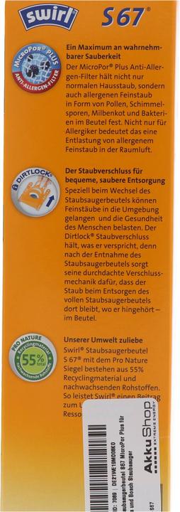 Produktbild Swirl Staubsaugerbeutel S67 MicroPor Plus für Siemens und Bosch Staubsauger