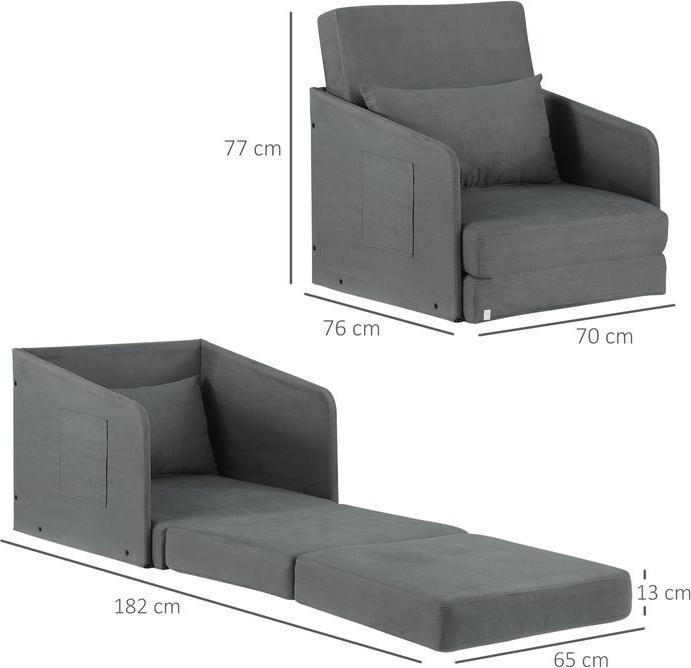 Produktbild Swisshandel24 Schlafsofa Sofabett Einzelsofa Waschbarer Bezug 2 Seitentaschen Kissen Metall Grau 70 x 76 x 77 cm