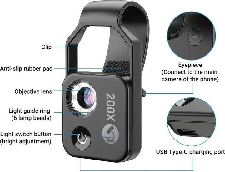Image du produit PhoneLook Apexel APL-MS002 Clip zoom optique microscopique 200x universel avec lumière LED intégrée