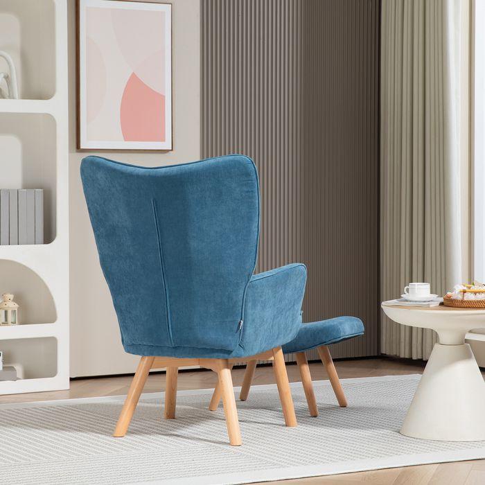 Actual product image Swisshandel24 Sessel mit Hocker, Ohrensessel mit Hoher Rückenlehne, Holzbeine, Cord, Blau