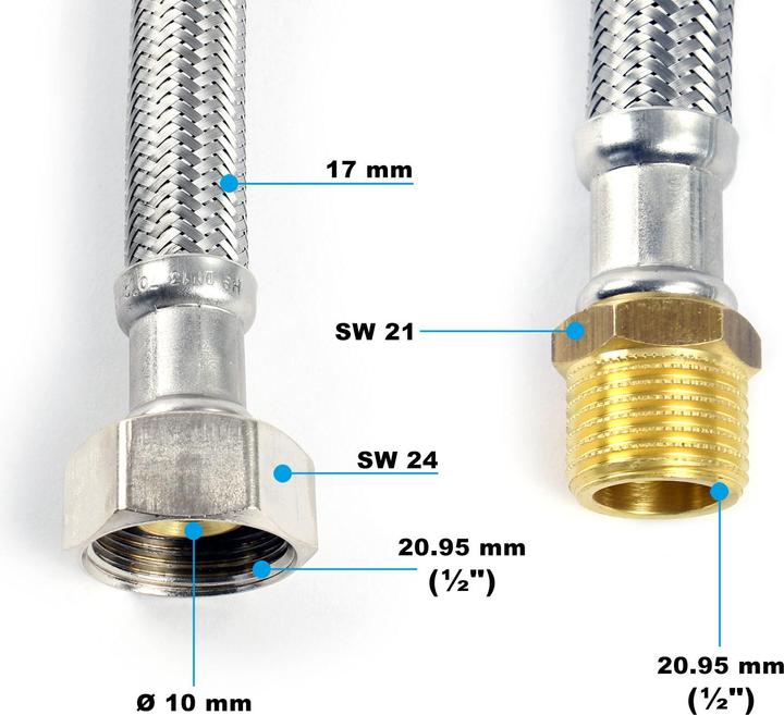 Image du produit XPOtool Tuyau blindé flexible 1000mm DN13 F. mâle 1/2" (20,95mm) Écrou 1/2" (18,64mm) Acier fin EP