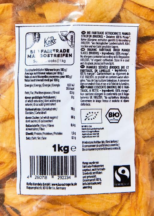 Nährwerte und Zutaten KoRo Bio fairtrade getrocknete Mangostreifen (Brooks) (1000 g)
