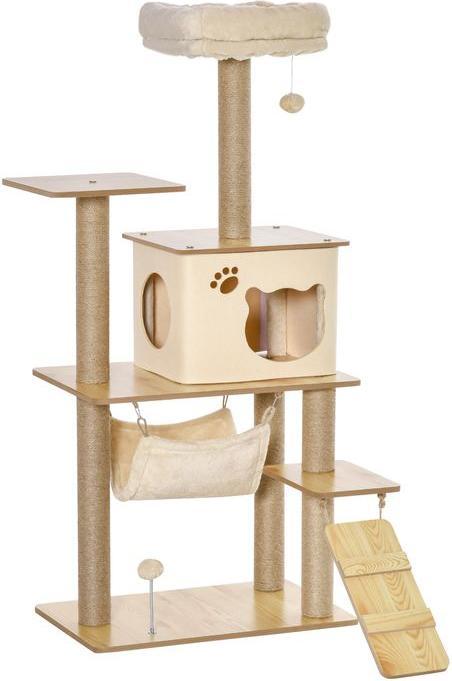 Image du produit Swisshandel24 Arbre à chat Arbre à chats Arbre à grimper en bois avec niche pour chats Tiges de jute Grande (130 cm, Jaune)