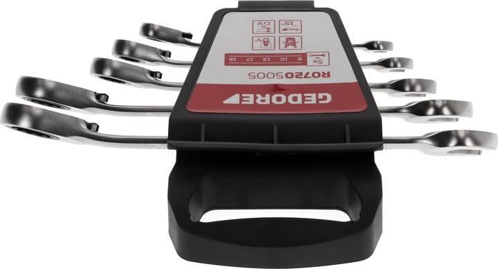 Actual product image Gedore Red Combination ratchet open-end wrench set reversible. metric 5 pieces (19 mm, 8 mm, 15 mm, 10 mm, 14 mm, 12 mm, 18 mm, 13 mm, 9 mm, 16 mm, 11 mm, 17 mm)