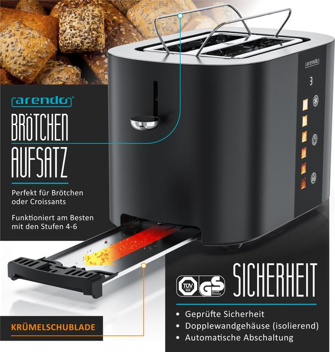 Produktbild Arendo Toaster Edelstahl 2 Scheiben Kurzschlitz, Touch Display, Bräunungsgrad & Restzeitanzeige, 800 W (EU-Stecker)