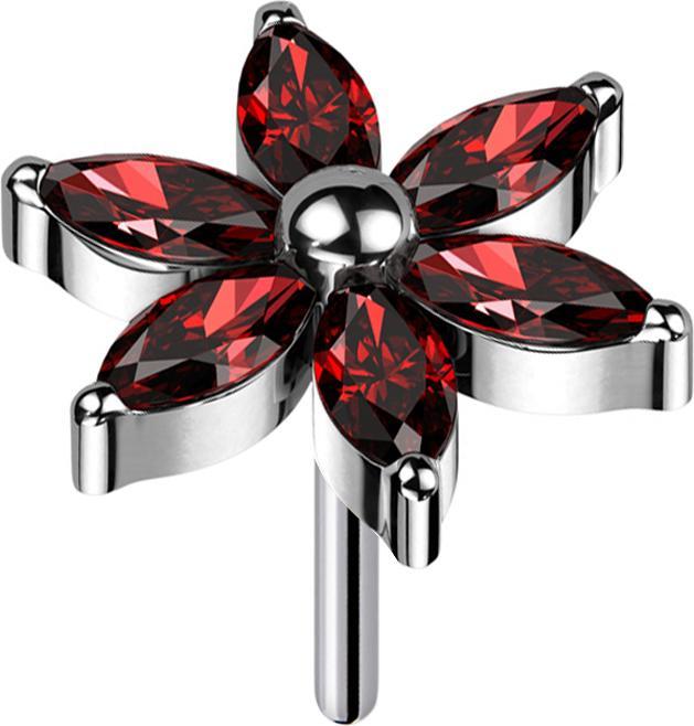 Produktbild Star Piercing Threadless Blume silber Kristalle rot (ohne Messing, Titan G23)
