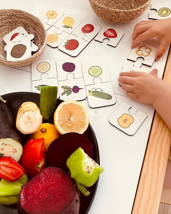 Image du produit Activity Board Puzzle en bois de fruits et légumes, puzzle de 2 pièces, matériel éducatif, cartes pour (20 pièces)