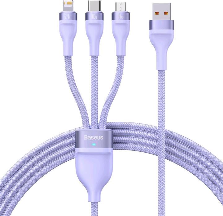 Immagine prodotto Baseus Cavo USB 3in1 serie Flash, USB-C + micro USB + Lightning, 100W, 1,2m (viola) (1.20 m, USB 2.0, 100 W)