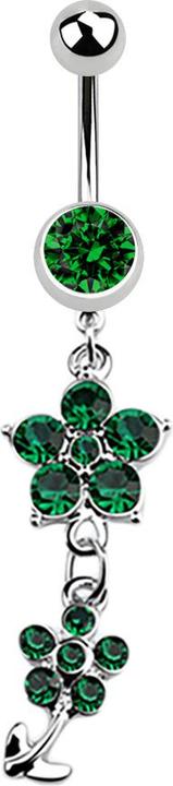 Actual product image Star Piercing Banana silver with pendant two crystal flowers green (without brass, Surgical steel 316L)