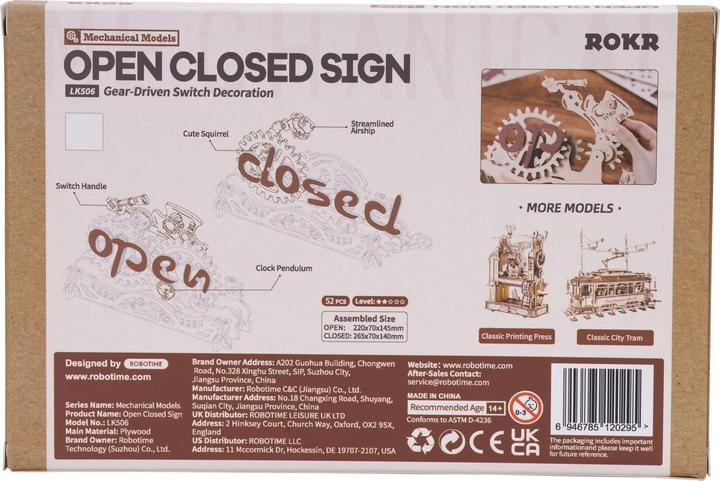 Nährwerte und Zutaten Robotime Bausatz Open Closed Schild, Modell Art: Dekoration