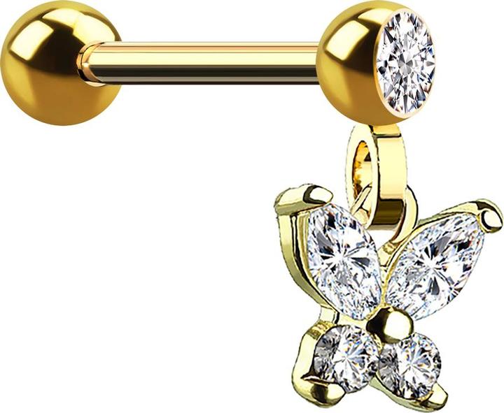 Produktbild Star Piercing Micro Barbell 14k vergoldet mit Kugel und Anhänger Schmetterling (Chirurgenstahl 316L, Messing)