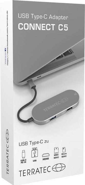 Actual product image Terratec Aluminium USB Type-C Adapter with USB-C PD HDMI 2x USB 3.0 Port Card Reader (USB-C, 4 Ports)
