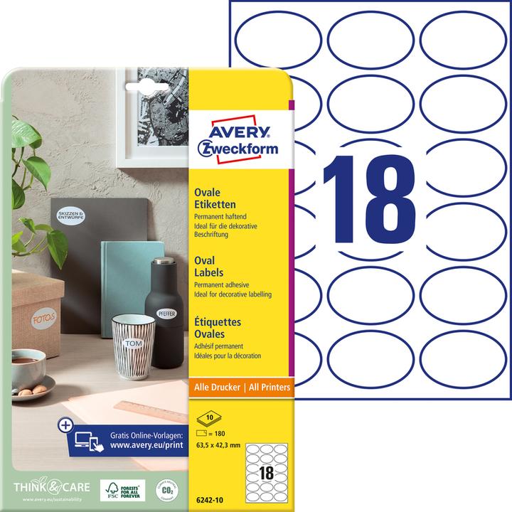 Immagine prodotto Avery Zweckform Kennzeichnungs-Etiketten, ovale, 63,5x42,3 mm grigio scuro, permanente, carta non trattata