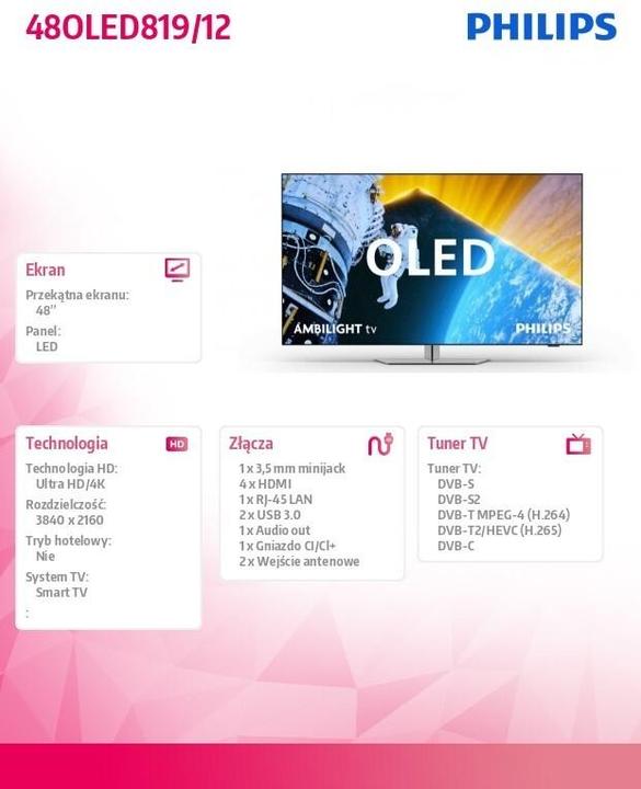 Immagine prodotto Philips 48OLED819/12 TV OLED 4K Ambilight da 48" (121 cm) (48", OLED, 4K)