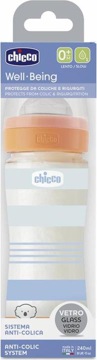 Immagine prodotto Chicco Biberon, vetro, 0% BPA, 240 ml, tettarella fisiologica in silicone, 1 foro, flusso lento - BLU (240 ml)