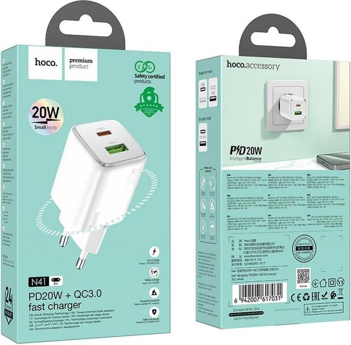 Produktbild Hoco Adapter charger USB A + Type C PD QC 3A 20W N41 white (20 W)