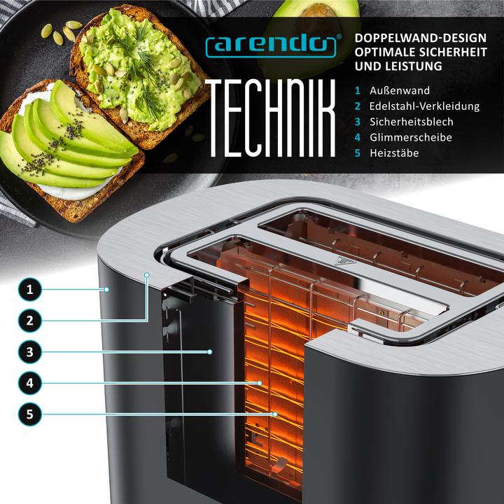 Produktbild Arendo Toaster Edelstahl 2 Scheiben Kurzschlitz, Touch Display, Bräunungsgrad & Restzeitanzeige, 800 W (EU-Stecker)