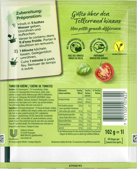 Nutritional values and ingredients Knorr Tomato cream soup sachet, tomato soup made from sun-ripened tomatoes, easy to prepare