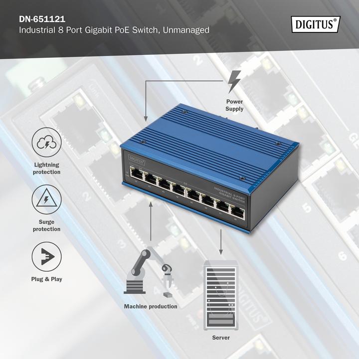 Produktbild Digitus Industrieller 8-Port Gigabit PoE Switch (8 Ports)