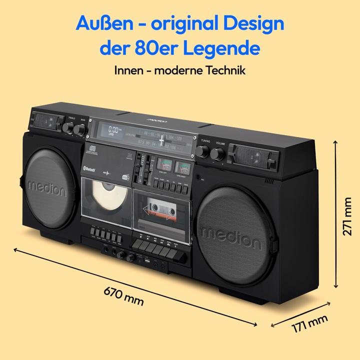 Produktbild Medion LIFE® P66538 Retro-Boombox DAB+/PLL-UKW Radio, Bluetooth® 5.3 für das Abspielen von Smartphone & Co (FM, DAB+, Bluetooth)