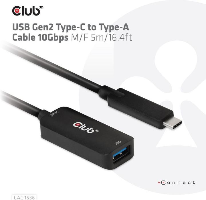 Actual product image Club 3D Club3D Cable USB 3.2 Type C <> USB Type A St/Bu (5 m, USB 3.1)