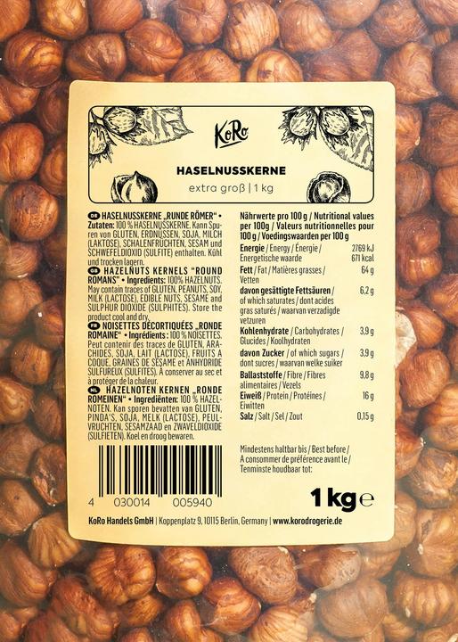 Nutritional values and ingredients KoRo Hazelnut kernels "Round Romans" (1000 g)