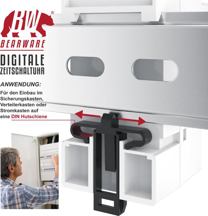 Produktbild Bearware Zeitschaltuhr digital für DIN Hutschienen im Verteilerschrank / Schalttafeln, LCD Display, 16A/3680W