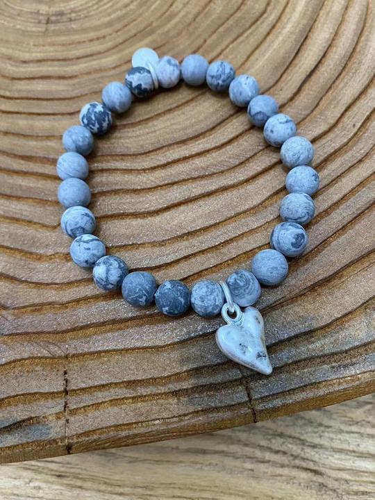 Andreani Armband aus echtem Picasso Jaspis mit Herzanhänger (80 cm, Grau)