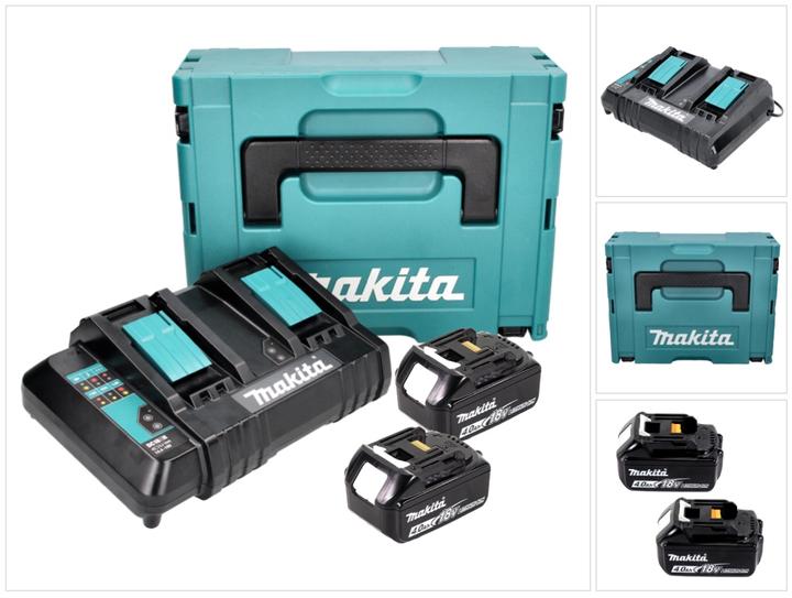 1x Makita DC 18 SH Doppel Ladegerät 2x 14,4 V 2x 18 V ( 36 V ) LXT ( 199687-4 ), 2x Makita BL 1840 B 18 V 4,0 Ah Akku ( 197265-4 )1830 B 18 V 3,0 Ah Akku ( 197599-5 ), 1x Makpac, 1x Universaleinlage
